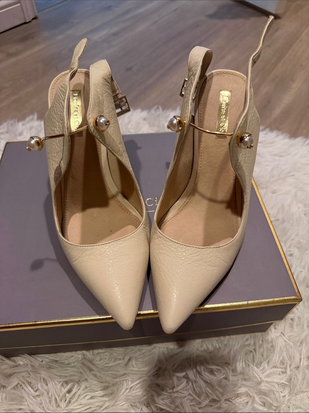 Louise et Cie Ivory Pointed-Toe Pearl-Embellished Slingback Heels